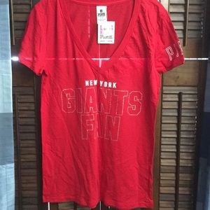 PINK NY Giants Fan Rhinestone  V-neck T-shirt